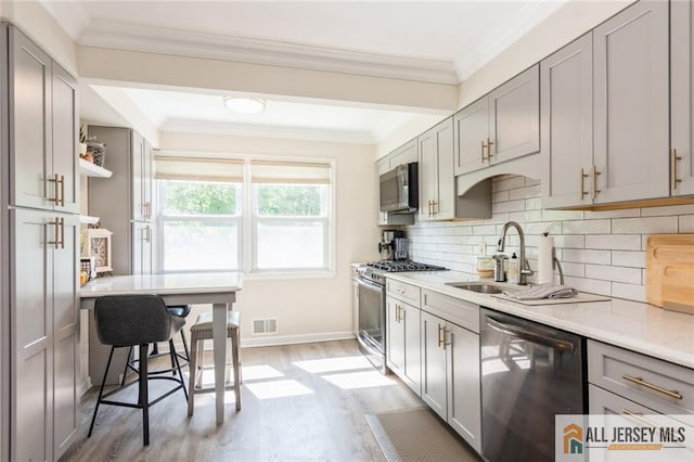 1516 N Indian Pl, North Brunswick, NJ 08902 - kitchen with appliances with stainless steel finishes, light wood-style floors, gray cabinetry, open shelves, and tasteful backsplash