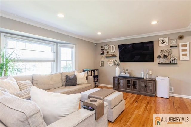 1516 N Indian Pl, North Brunswick, NJ 08902 - living room with ornamental molding, light wood-type flooring, and recessed lighting