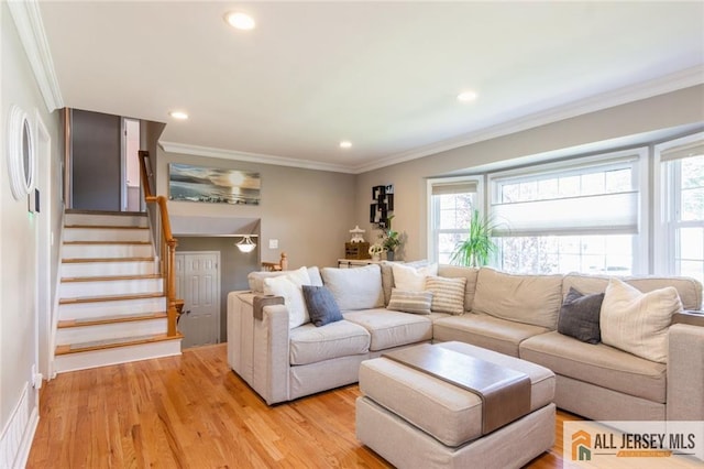 1516 N Indian Pl, North Brunswick, NJ 08902 - living area featuring ornamental molding, stairway, light wood-type flooring, and recessed lighting