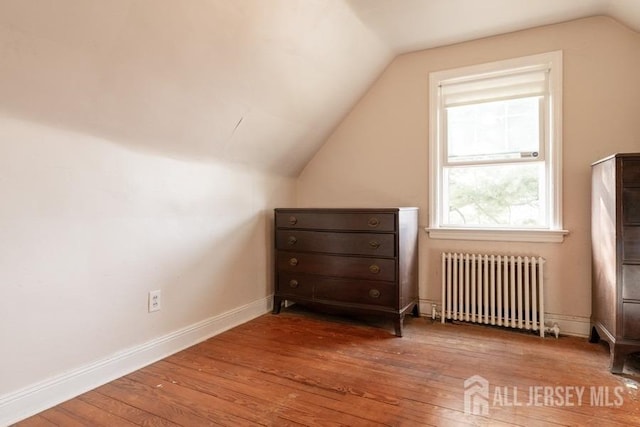 additional living space featuring wood-type flooring, vaulted ceiling, radiator heating unit, and baseboards