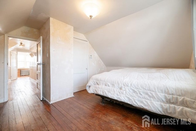 bedroom featuring wood-type flooring, lofted ceiling, and radiator heating unit