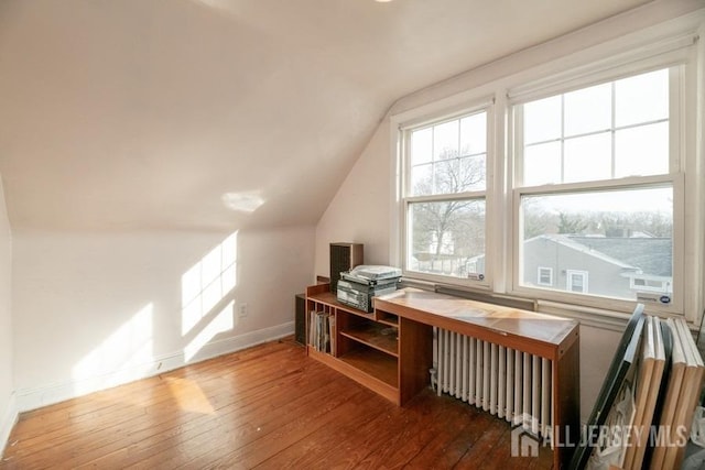 additional living space featuring radiator, vaulted ceiling, hardwood / wood-style flooring, and baseboards