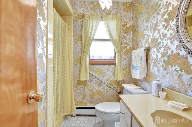 full bath with curtained shower, toilet, a baseboard heating unit, vanity, and wallpapered walls