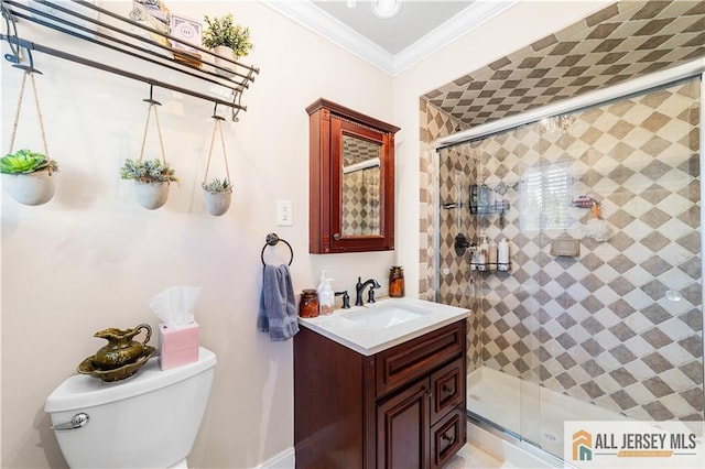 8 N Rhoda St, Monroe, NJ 08831 - full bathroom featuring toilet, vanity, a stall shower, and ornamental molding