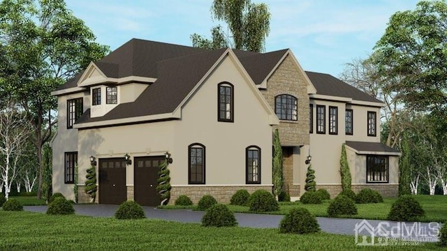2 White Pine Rd, South Brunswick, NJ 08831 - french country inspired facade with stone siding, stucco siding, a front lawn, and an attached garage