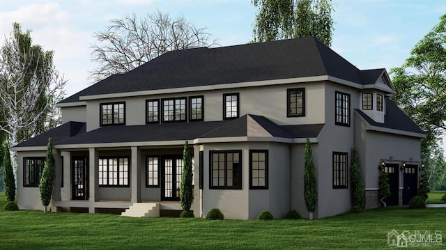 2 White Pine Rd, South Brunswick, NJ 08831 - back of house featuring stucco siding, a lawn, and a shingled roof