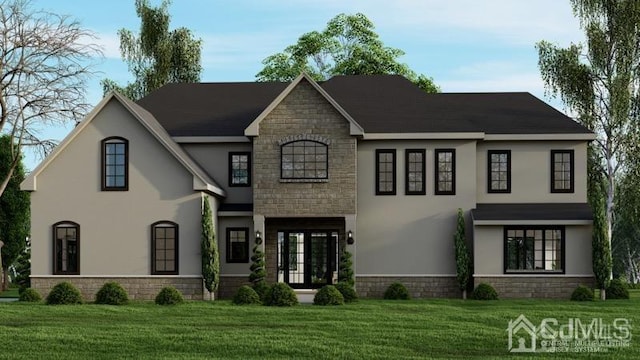 2 White Pine Rd, South Brunswick, NJ 08831 - french country inspired facade featuring french doors, stone siding, stucco siding, and a front lawn