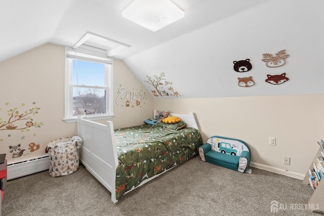 carpeted bedroom featuring lofted ceiling and baseboard heating