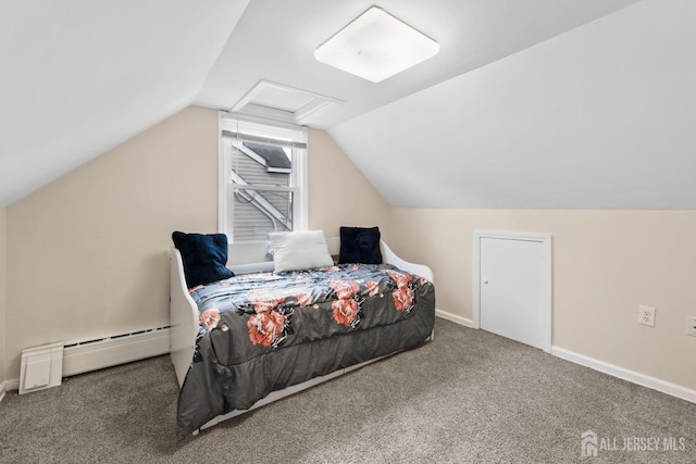 carpeted bedroom with baseboards, attic access, a baseboard radiator, and vaulted ceiling
