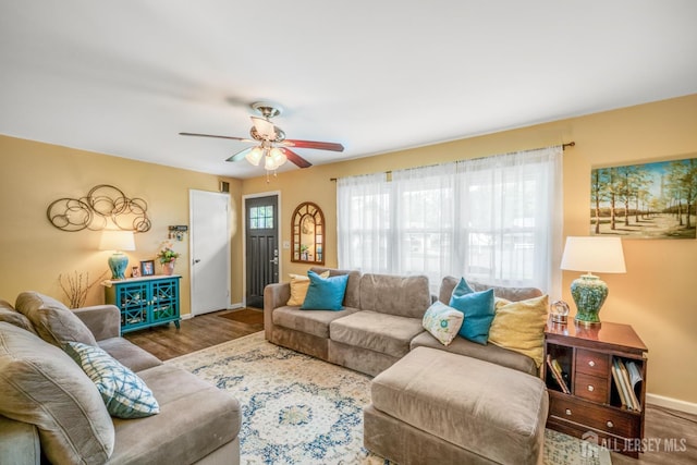 5 Wendy Rd, Woodbridge Proper, NJ 07067 - living room with baseboards, wood finished floors, and a ceiling fan