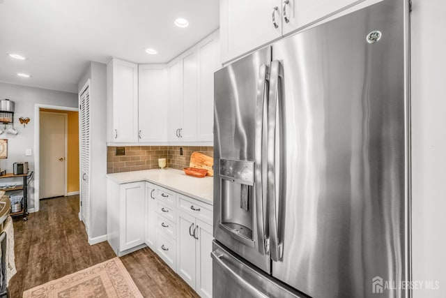 5 Wendy Rd, Woodbridge Proper, NJ 07067 - kitchen featuring stainless steel refrigerator with ice dispenser, dark wood-type flooring, light countertops, white cabinets, and recessed lighting