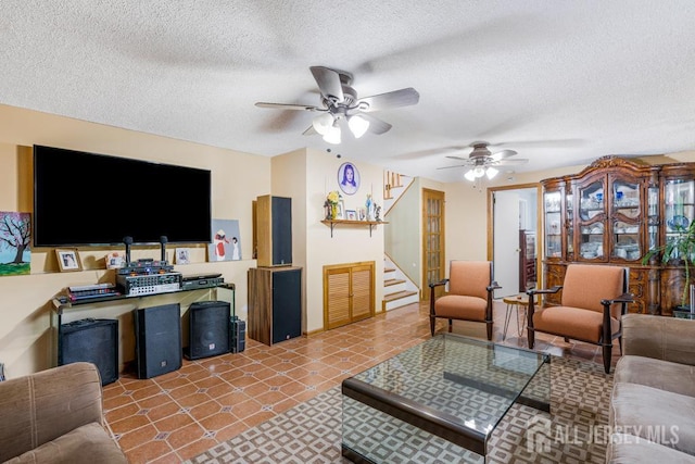 605 Beechwood Ave, Middlesex, NJ 08846 - tiled living room featuring stairway, a ceiling fan, and a textured ceiling