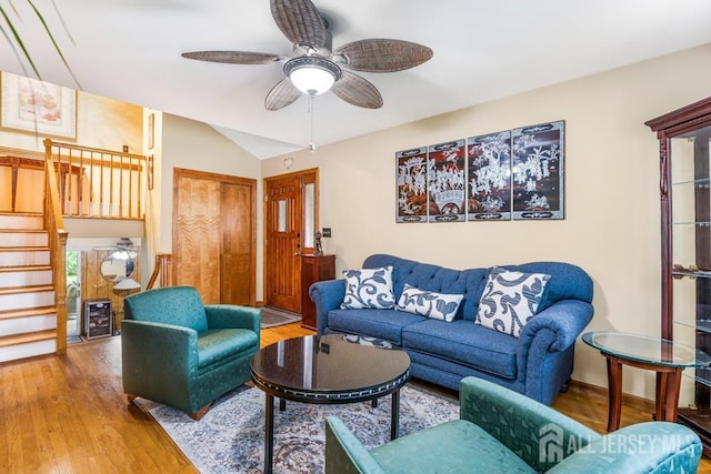 605 Beechwood Ave, Middlesex, NJ 08846 - living area with wood finished floors, a ceiling fan, stairs, and lofted ceiling