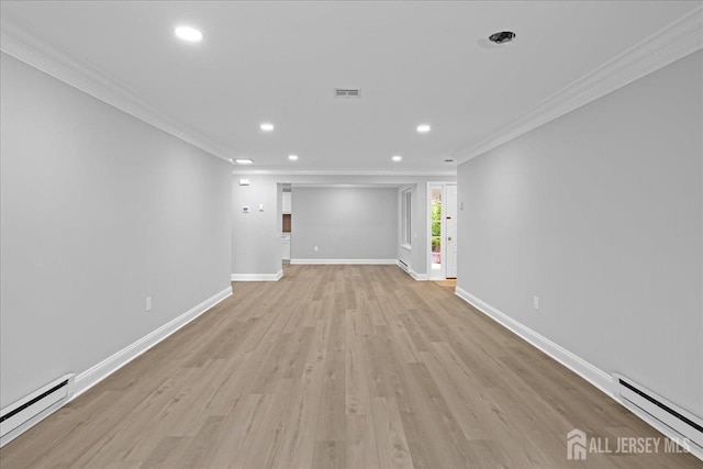 unfurnished living room featuring a baseboard radiator, ornamental molding, and light hardwood / wood-style flooring