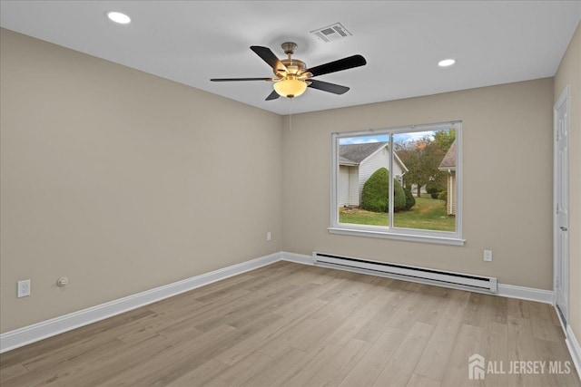 unfurnished room featuring light hardwood / wood-style flooring, ceiling fan, and a baseboard heating unit