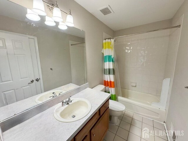 51 S Shore Dr, South Amboy, NJ 08879 - bathroom featuring tile patterned floors, vanity, shower / bathtub combination with curtain, and toilet