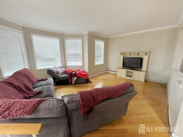 51 S Shore Dr, South Amboy, NJ 08879 - living area with light wood-style floors, ornamental molding, and baseboards