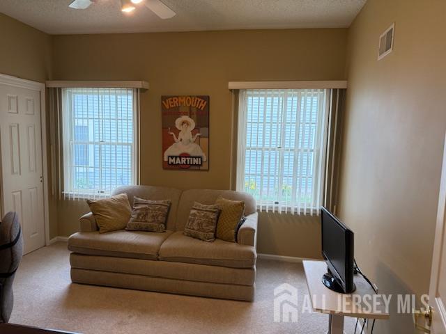 102 Leeds Ln, Monroe, NJ 08831 - living area with carpet, ceiling fan, and a textured ceiling
