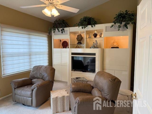 102 Leeds Ln, Monroe, NJ 08831 - living area with carpet flooring, lofted ceiling, and a ceiling fan