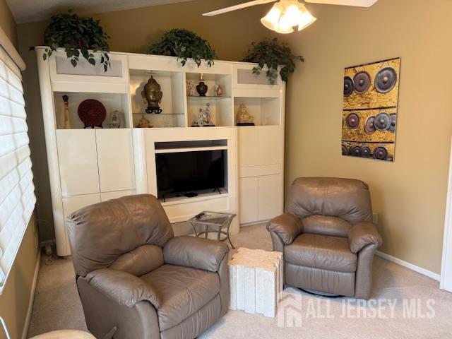 102 Leeds Ln, Monroe, NJ 08831 - living area featuring carpet, a glass covered fireplace, a ceiling fan, and plenty of natural light