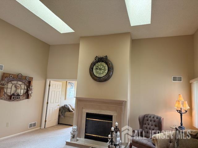 102 Leeds Ln, Monroe, NJ 08831 - carpeted living area with a skylight and a glass covered fireplace