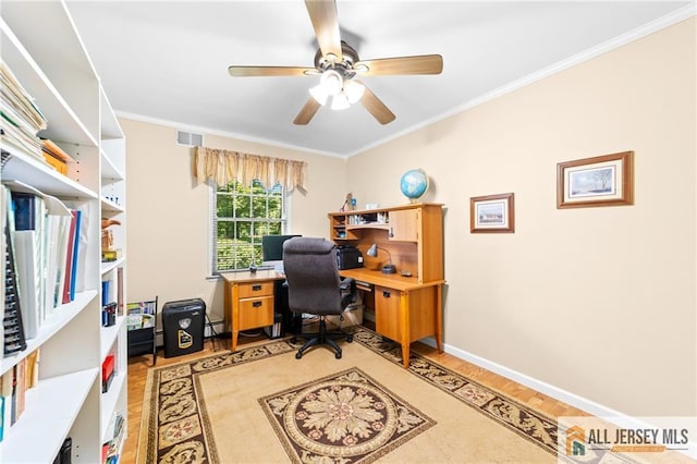 21 Tanglewood Pl, Monroe, NJ 08831 - home office featuring light wood-style flooring, ceiling fan, a baseboard heating unit, and crown molding