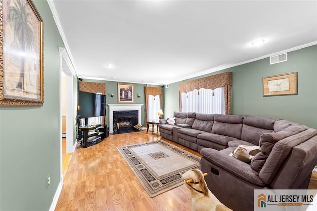 21 Tanglewood Pl, Monroe, NJ 08831 - living room featuring crown molding, light wood finished floors, a fireplace, recessed lighting, and a baseboard radiator