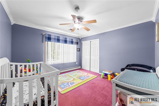 21 Tanglewood Pl, Monroe, NJ 08831 - bedroom with a baseboard radiator, crown molding, a closet, carpet floors, and ceiling fan