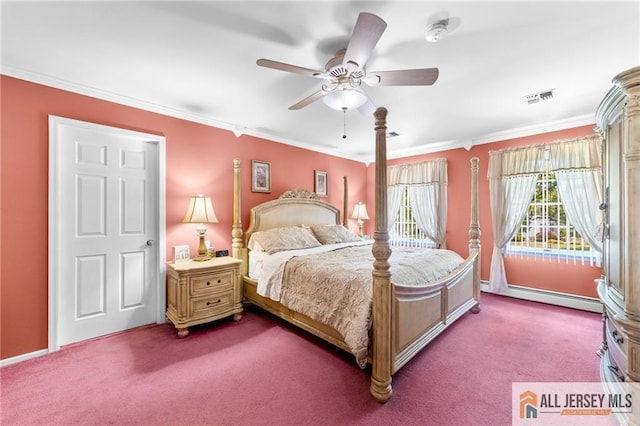 21 Tanglewood Pl, Monroe, NJ 08831 - bedroom with a baseboard heating unit, dark carpet, ornamental molding, and ceiling fan