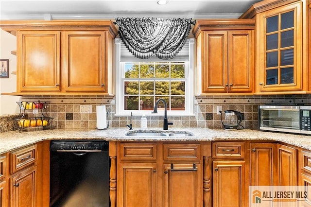 21 Tanglewood Pl, Monroe, NJ 08831 - kitchen featuring dishwasher, backsplash, light stone countertops, brown cabinetry, and glass insert cabinets