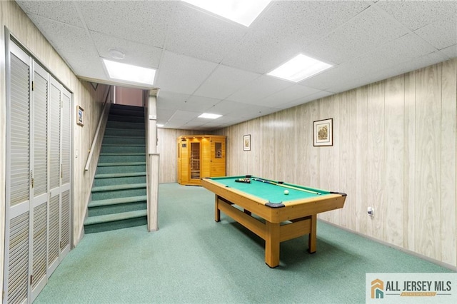 21 Tanglewood Pl, Monroe, NJ 08831 - recreation room featuring carpet floors, wooden walls, pool table, and a paneled ceiling