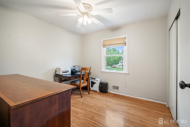 office featuring light wood-style floors, visible vents, baseboards, and a ceiling fan