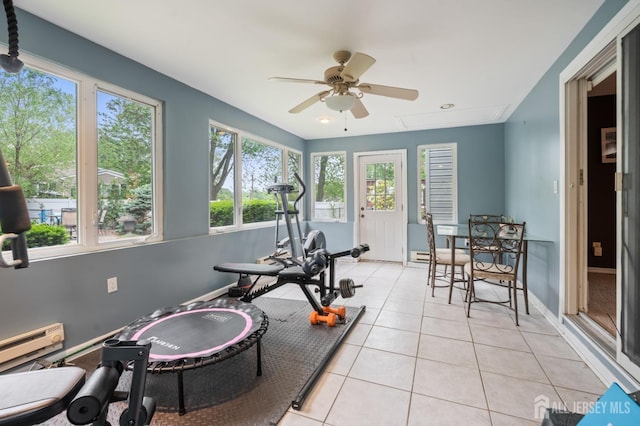 workout room featuring light tile patterned floors, baseboards, baseboard heating, ceiling fan, and recessed lighting
