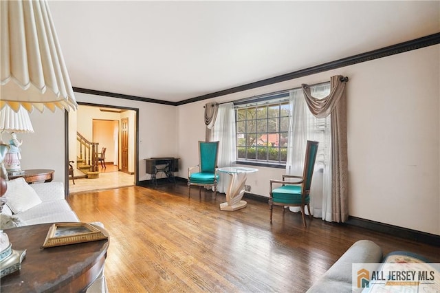 1 Eileen Ct, East Brunswick, NJ 08816 - living room featuring ornamental molding, stairway, and wood finished floors