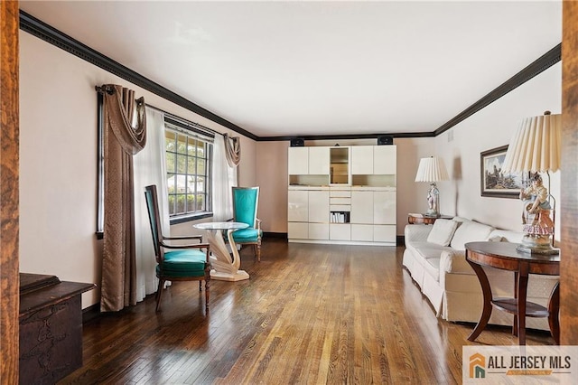 1 Eileen Ct, East Brunswick, NJ 08816 - living area featuring ornamental molding and dark wood-style floors