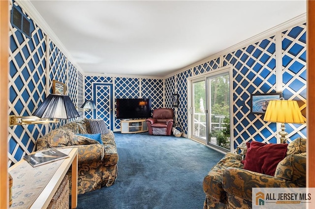 1 Eileen Ct, East Brunswick, NJ 08816 - living room with crown molding, carpet floors, and wallpapered walls