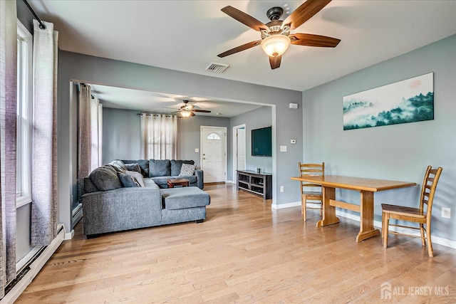 living area with a baseboard radiator, ceiling fan, light wood-style floors, and baseboards