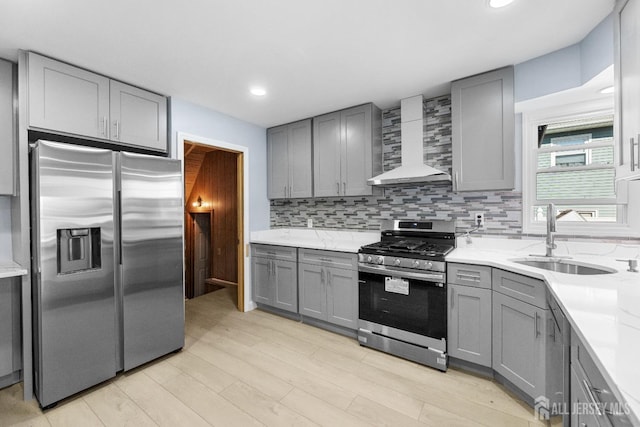 kitchen with decorative backsplash, wall chimney exhaust hood, stainless steel appliances, gray cabinetry, and a sink