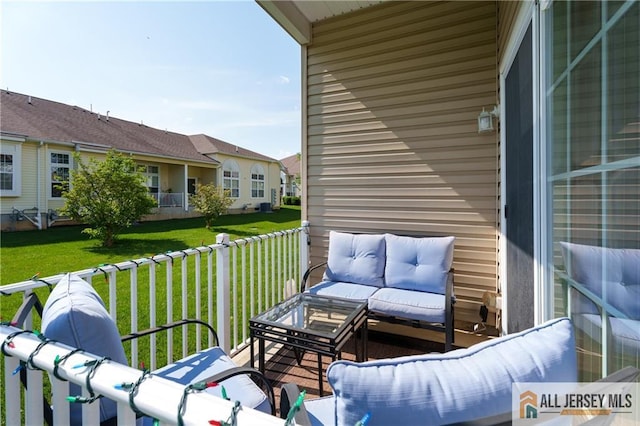 704 Schindler Dr, South Brunswick, NJ 08852 - wooden terrace with an outdoor hangout area, a yard, and a residential view