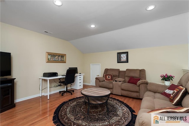 704 Schindler Dr, South Brunswick, NJ 08852 - living room with lofted ceiling, an office area, wood finished floors, and recessed lighting