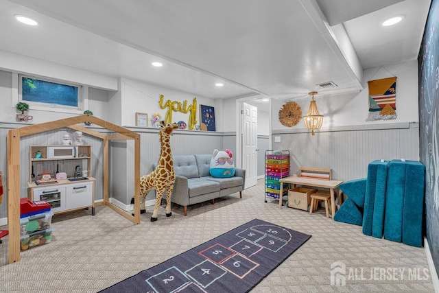 61 Lynn Ct, North Brunswick, NJ 08902 - rec room featuring carpet, wainscoting, recessed lighting, and shuffleboard