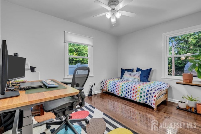 61 Lynn Ct, North Brunswick, NJ 08902 - bedroom featuring multiple windows, wood finished floors, a desk, and a ceiling fan