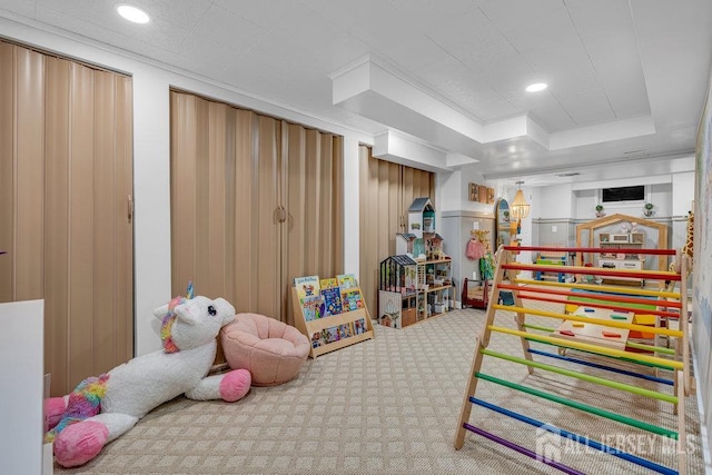 61 Lynn Ct, North Brunswick, NJ 08902 - recreation room with carpet floors, a raised ceiling, crown molding, and recessed lighting