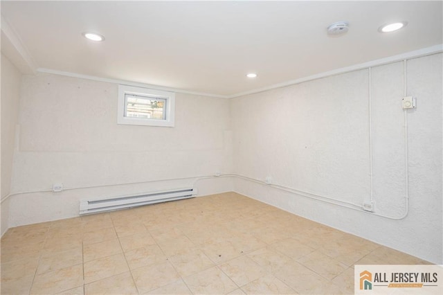 below grade area with recessed lighting, a baseboard heating unit, and crown molding