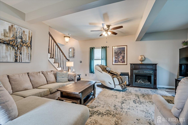 97 Boehmhurst Ave, Sayreville, NJ 08872 - living room with a ceiling fan, wood finished floors, stairs, and a glass covered fireplace