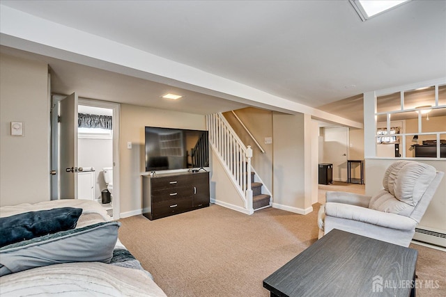 97 Boehmhurst Ave, Sayreville, NJ 08872 - carpeted living area featuring stairs and baseboard heating