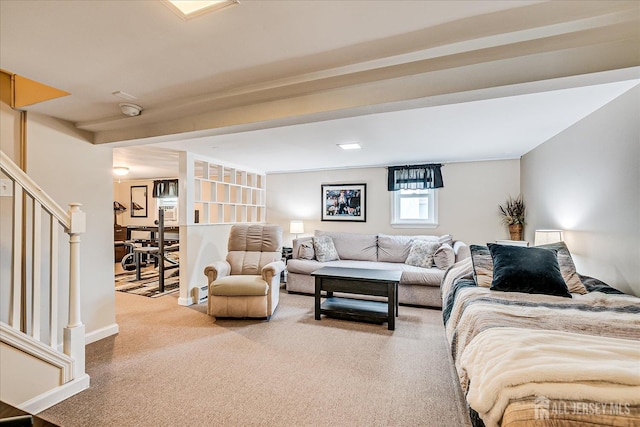97 Boehmhurst Ave, Sayreville, NJ 08872 - living room with stairway, light colored carpet, and beamed ceiling
