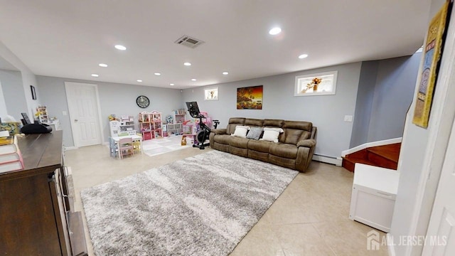 45 Maryknoll Rd, Menlo Park Terrace, NJ 08840 - living area with recessed lighting, a baseboard radiator, and light tile patterned floors