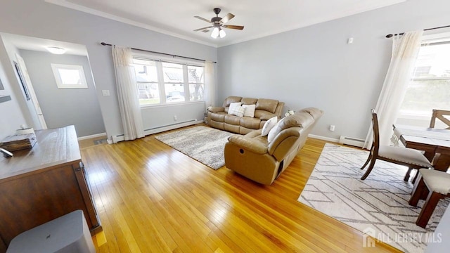 45 Maryknoll Rd, Menlo Park Terrace, NJ 08840 - living area featuring a ceiling fan, a baseboard heating unit, light wood finished floors, baseboard heating, and baseboards