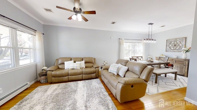 45 Maryknoll Rd, Menlo Park Terrace, NJ 08840 - living area with a baseboard radiator, light wood-style flooring, and a ceiling fan